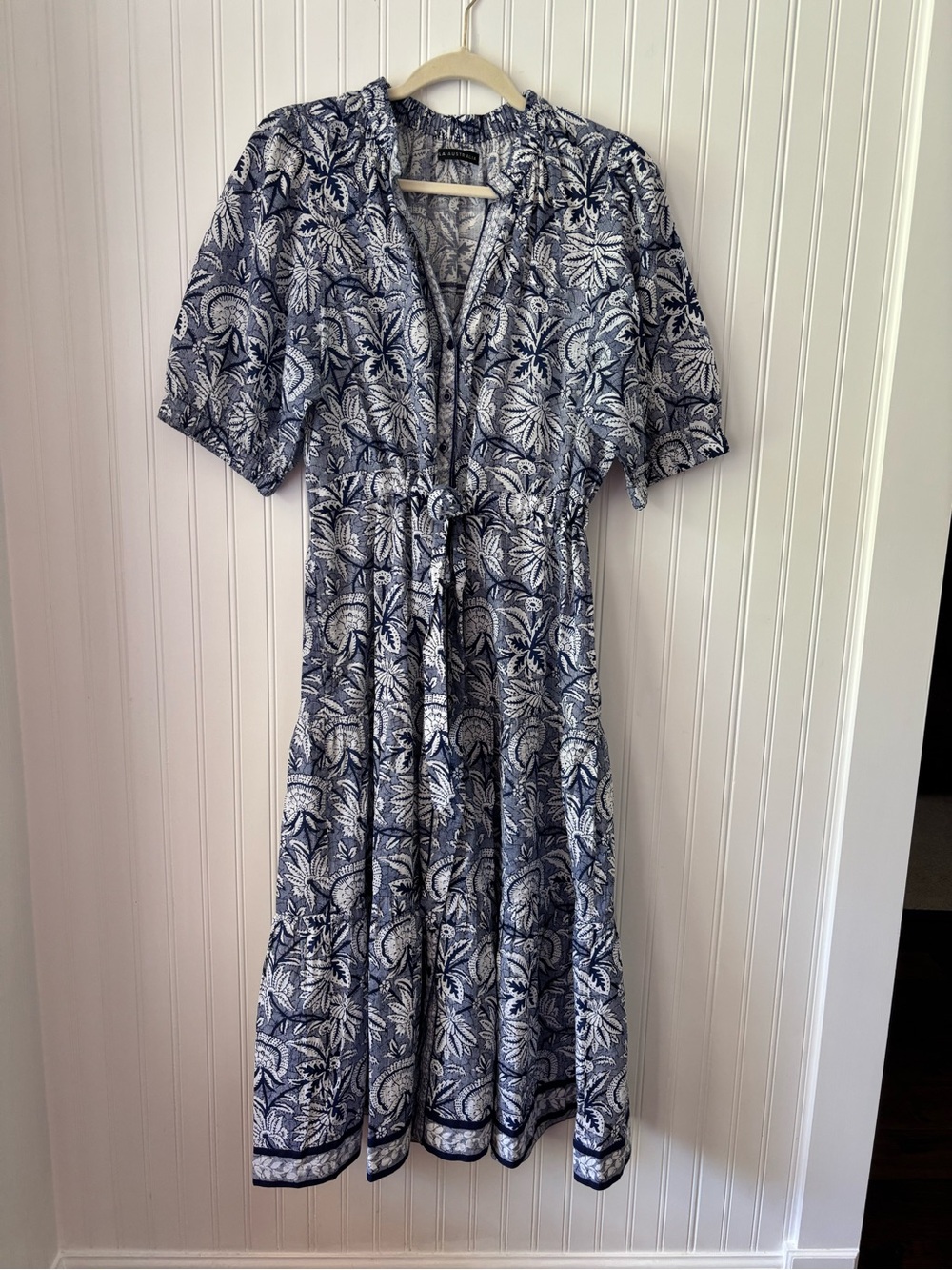 LOLA AUSTRALIA Navy and White Printed Midi Dress with Tie Waist